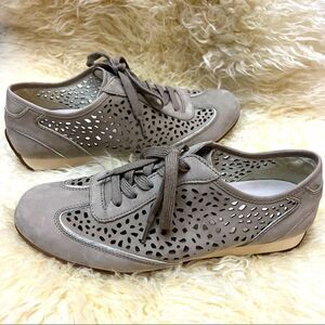 Gabor Comfort Suede Perforated Lace Up Sneakers Taupe